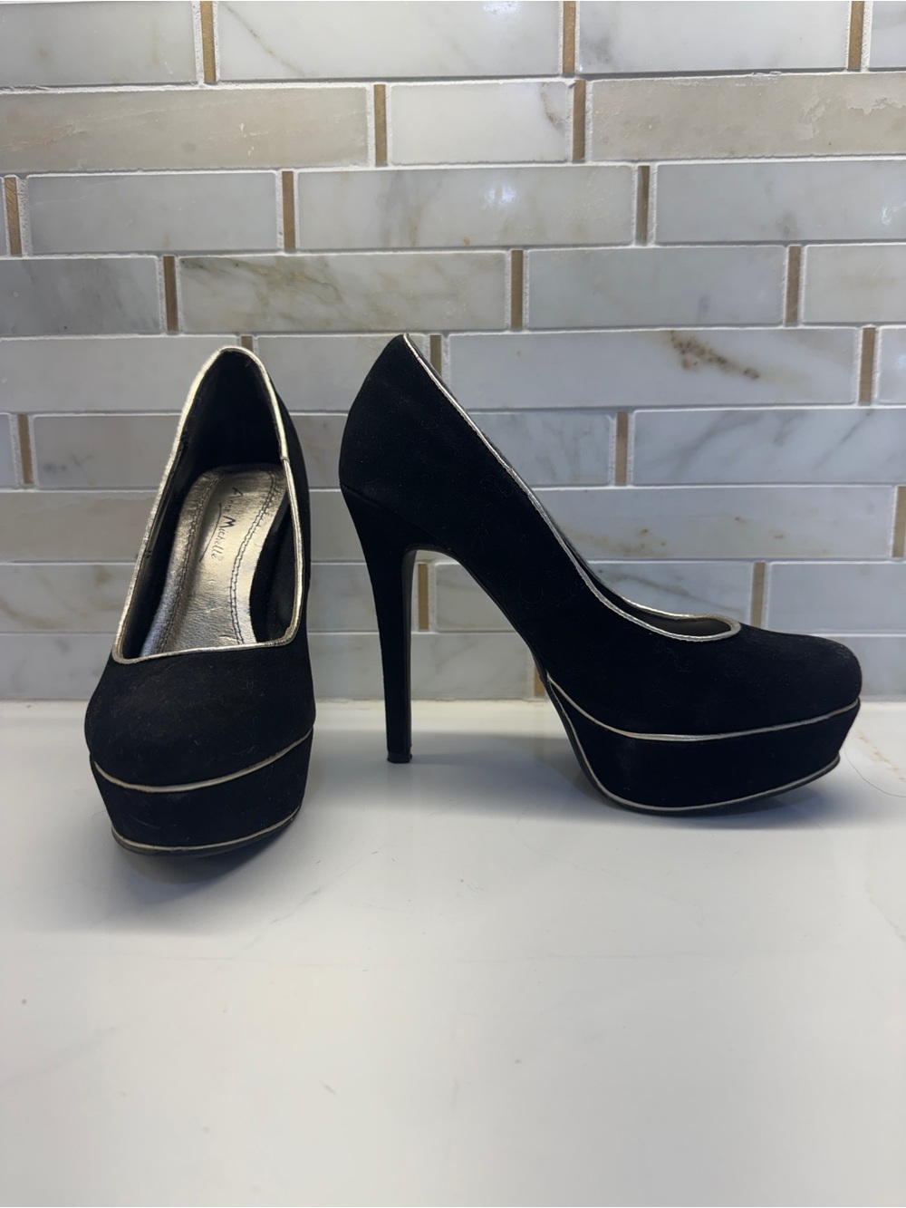 Anne Michelle Black Platform Pumps with Silver Trim